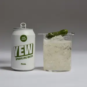 Can of YEW Pickle sparkling water highlighting dill pickle and cucumber flavour notes
