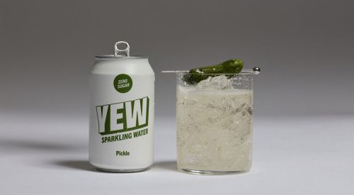 Can of YEW Pickle sparkling water highlighting dill pickle and cucumber flavour notes