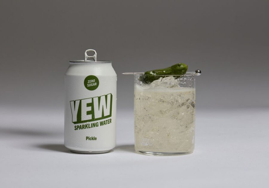Can of YEW Pickle sparkling water highlighting dill pickle and cucumber flavour notes